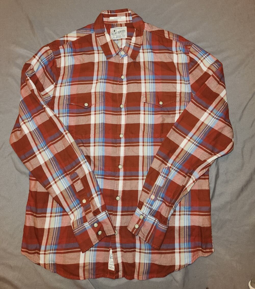 Lucky Brand Mens M Red Blue Plaid Cotton Long Sleeve Point Collar Button Up